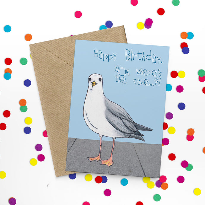 Naughty Seagull Birthday Cake Card - Cherry Pie Lane