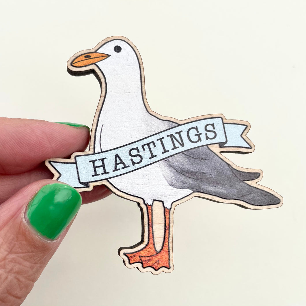 Wooden Hastings Seagull Magnet