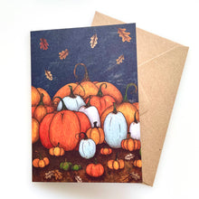 Load image into Gallery viewer, Set of FIVE A6 Folded Pumpkin Illustration Notecards
