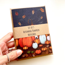 Load image into Gallery viewer, Set of FIVE A6 Folded Pumpkin Illustration Notecards
