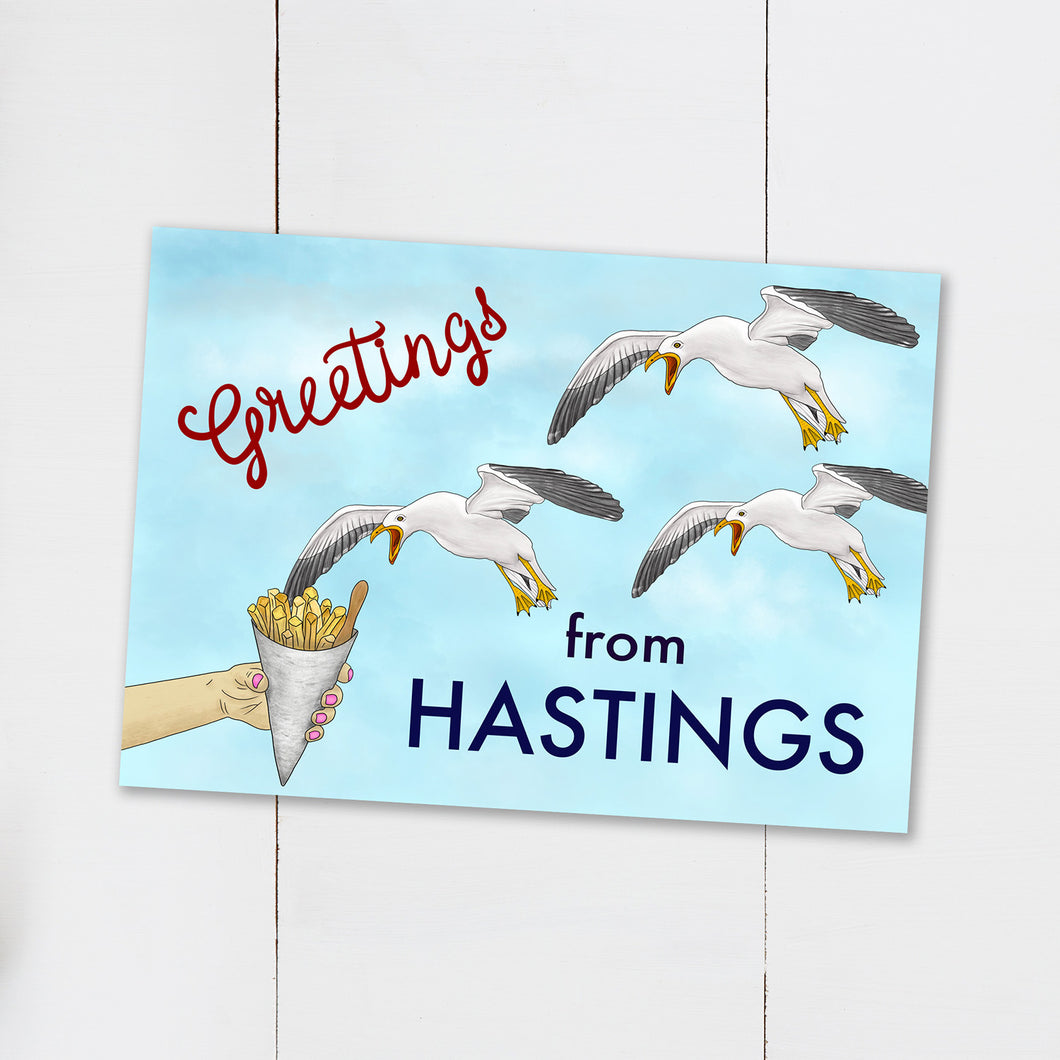 Funny Seagull Hastings Postcard - Cherry Pie Lane