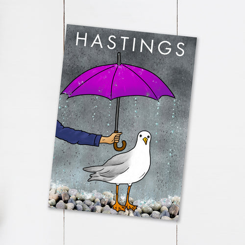 Funny Rainy Seagull Hastings Postcard - Cherry Pie Lane