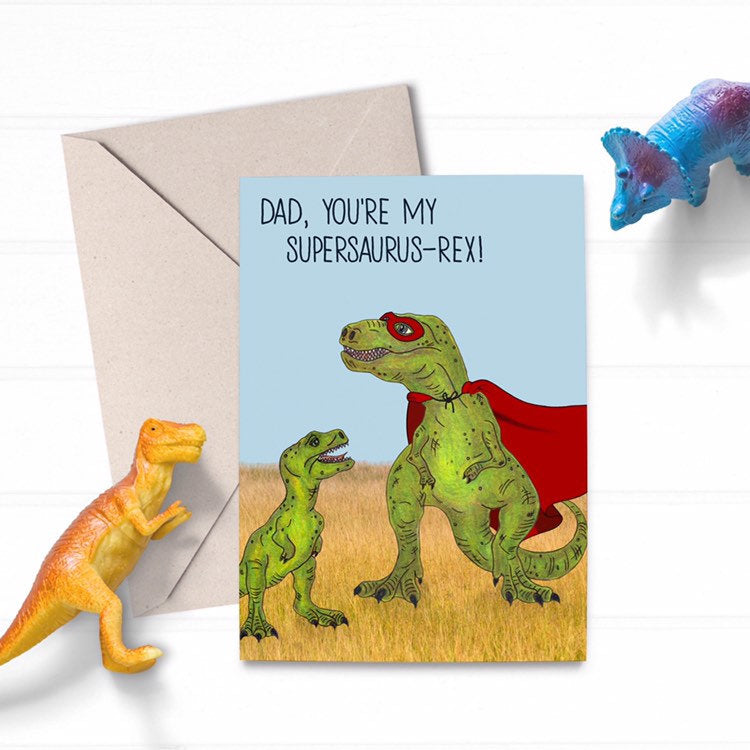 Cute Illustrated T-Rex Dinosaur Superhero Dad Fathers Day Card - Cherry Pie Lane
