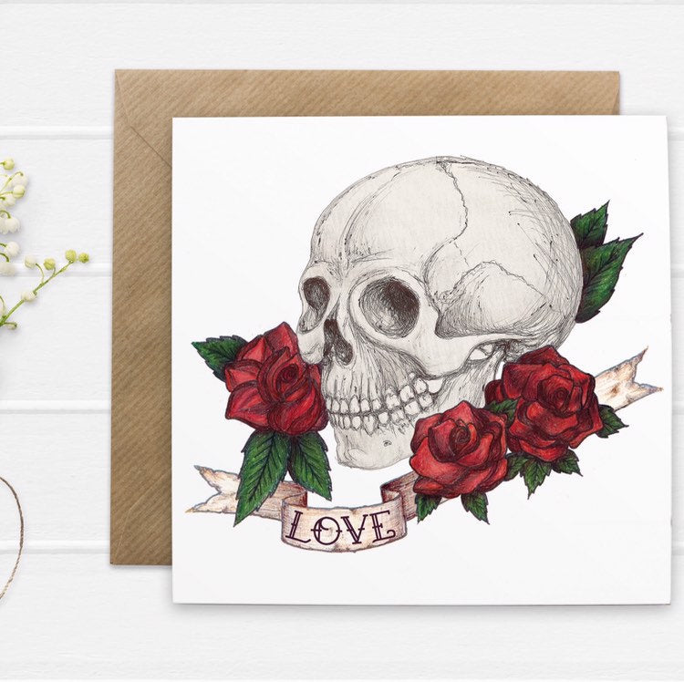 Skull And Rose Tattoo Style 'Love' Valentines Card - Cherry Pie Lane