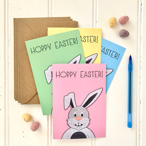 Set of Four Coloured HOPPY EASTER Bunny Cards - Cherry Pie Lane