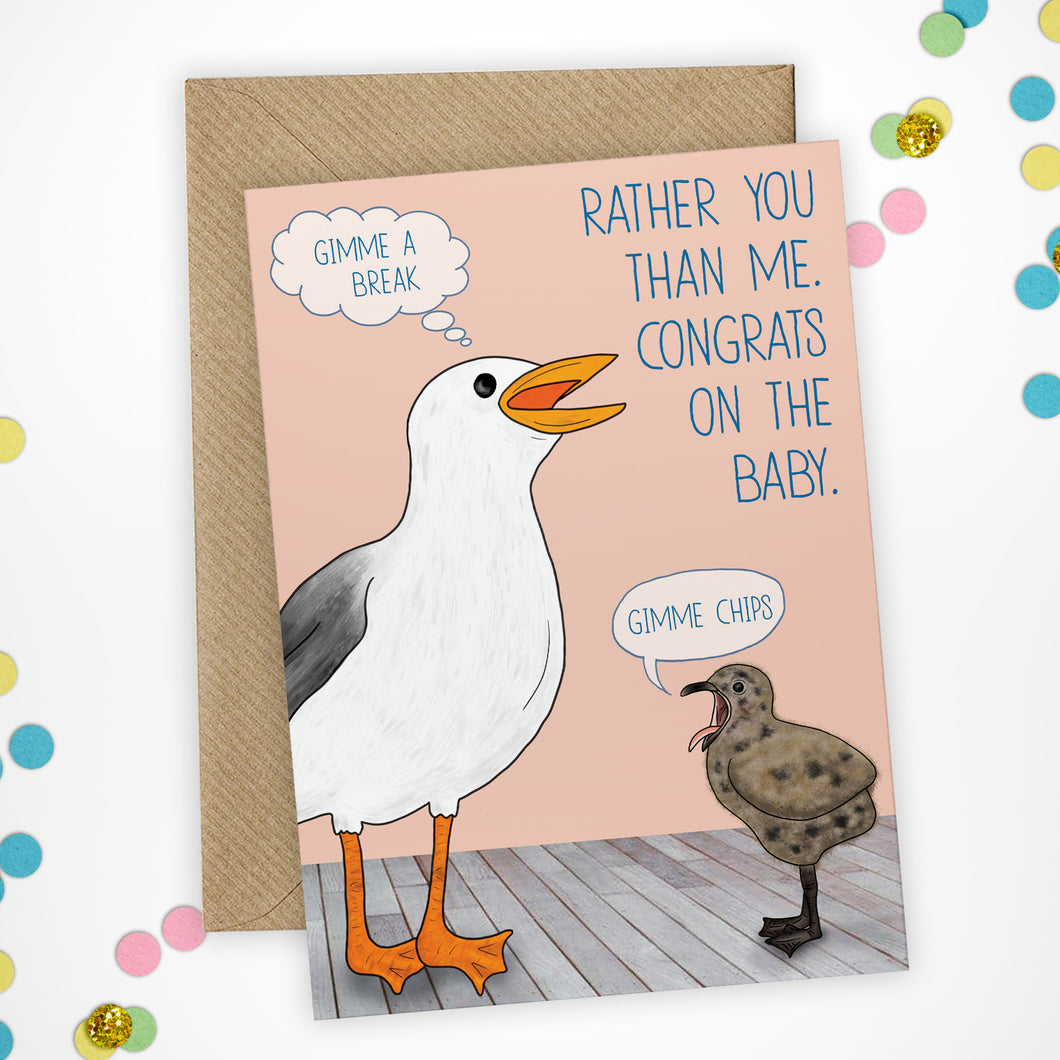 Sarcastic New Baby Congratulations Seagull Card - Cherry Pie Lane